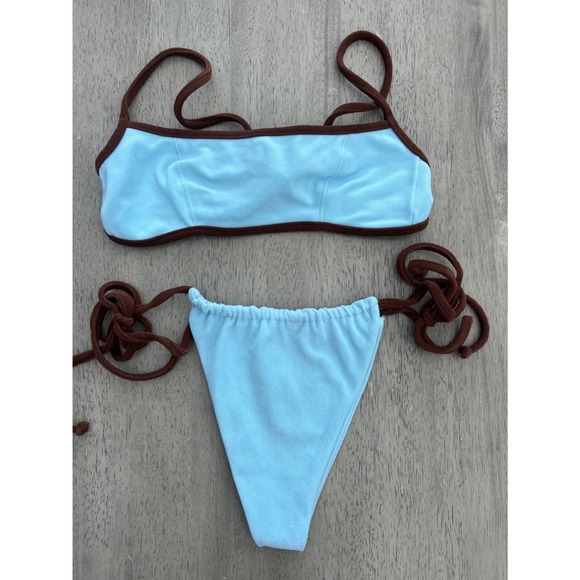 Frankie's Bikinis Other - Frankies Bikinis Blue Terry Cloth Two Piece Set Brown Trim Top M Bottom L